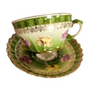 1930's Wheelock Vienna Austria Teacup & Saucer Pink & Yellow Roses Gold Gilded